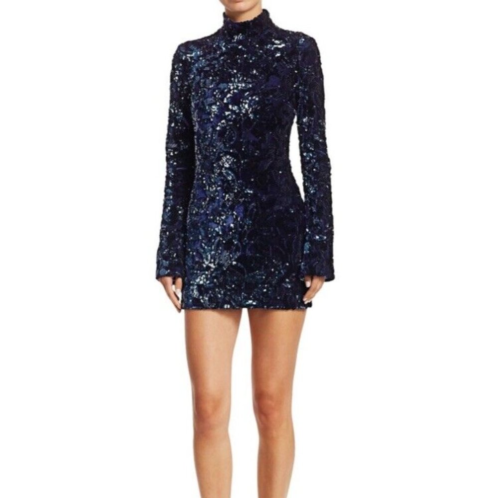 ALEXIS Rhapsody Sequin Mini Midnight Blue Velour Dress SZ S